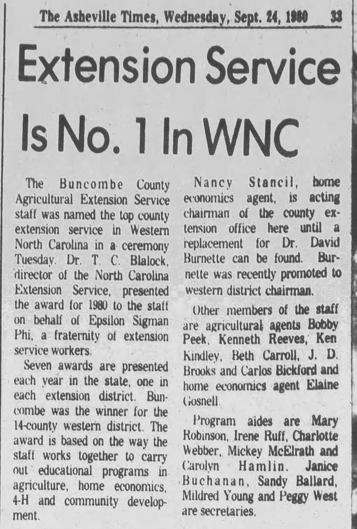 Newspaper article about Buncombe County Cooperative Extension being awarded as the best in WNC. 