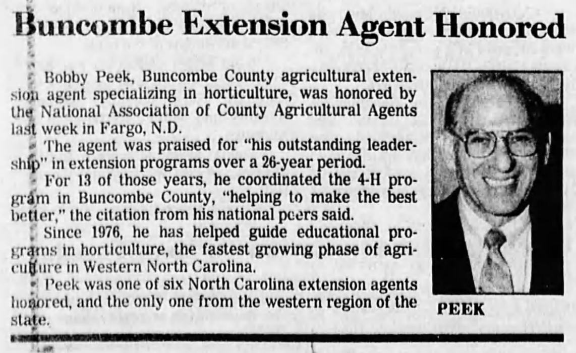 Newspaper article about Bobby Peek, Horticultural Agent for Buncombe County Cooperative Extension, being honored by the Association of County Agricultural Extension Agents in 1987.