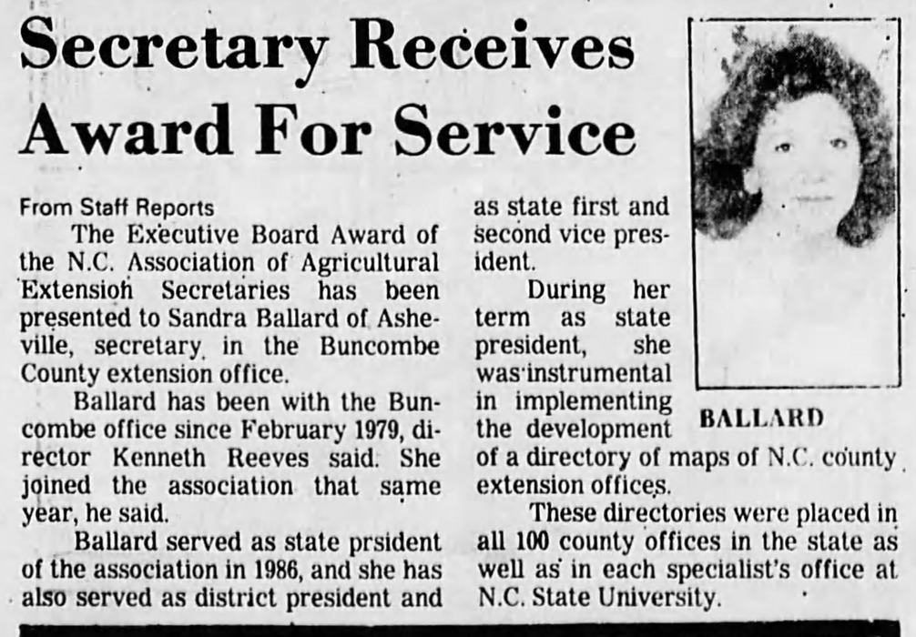 Newspaper article about Sandy Ballard receiving an honor from the NC Association of Agricultural Extension Secretaries in 1987.