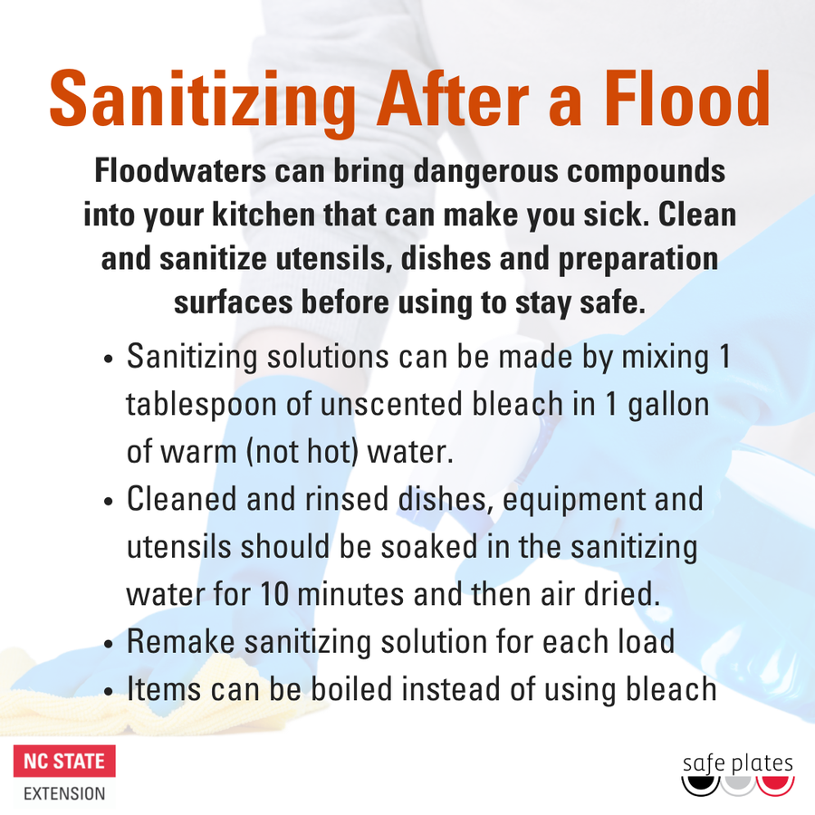 Instructional graphic on sanitizing after a flood, advising the use of a bleach solution (1 tablespoon unscented bleach per gallon of warm water) to disinfect dishes, utensils, and surfaces; items should soak for 10 minutes and air dry, with a new solution made for each load. Boiling is suggested as an alternative method. 