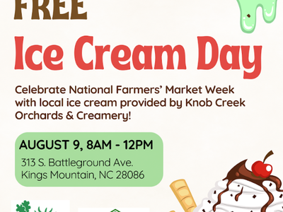 FREE Ice Cream Day — August 9, 8AM–12PM; 313 S. Battleground Ave., Kings Mountain, NC 28086