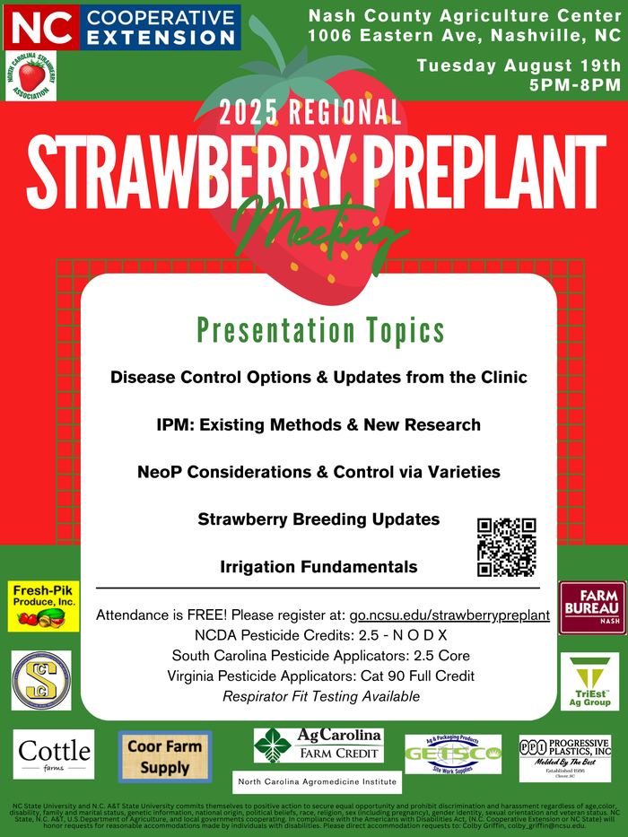 2025 Regional Strawberry Preplant Meeting flyer — Nash County Agriculture Center, Aug 19, 5–8PM