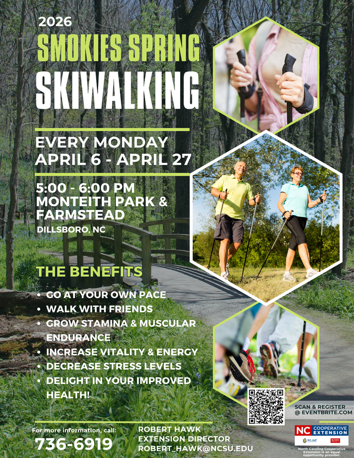 2026 Smokies Spring Ski Walking Flyer, Every Monday April 6 - 27 in Dillsboro, NC. Call (828) 736-6919 for more information.