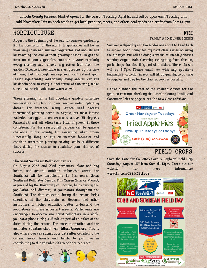 page 3 of August 2025 Newsletter with Horticulture, FCS, and Field Crop updates