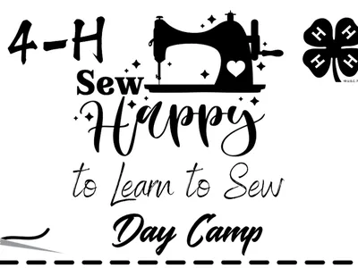 4-H clover and sewing machine with text: "Sew Happy to Learn to Sew Day Camp"