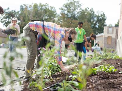 NC State Extension Master Gardener volunteers of Durham County, NC work with library staff to install a pollinator-friendly demonstration garden.