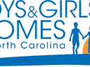 BOYS & GIRLS HOMES of North Carolina text with three children silhouettes holding hands and sun