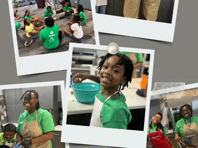 collage of polaroid pictures showing children cooking.