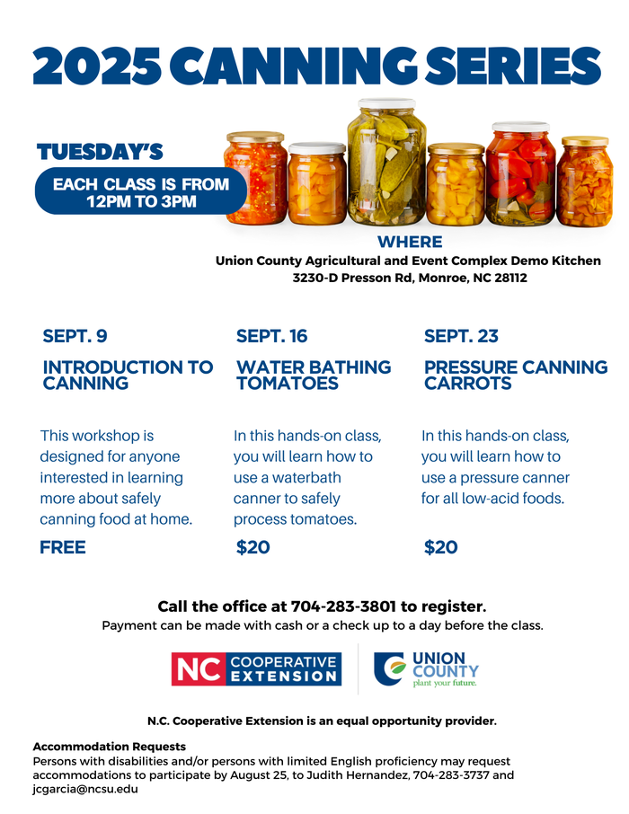 2025 Canning Series — Tues 12–3. Sept 9 Intro (free); Sept 16 Waterbath $20; Sept 23 Pressure $20