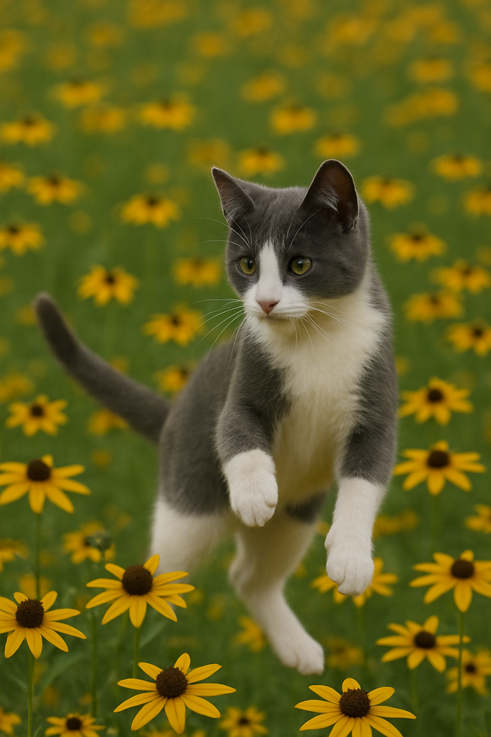 AI Generated Image of a Cat jumping in a field of brown eyed susans