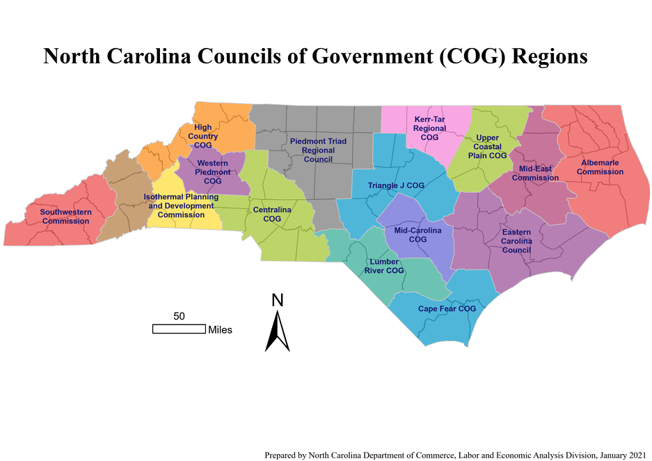 Map of Council of Governments in North Carolina