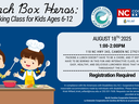 Two children cooking; "Lunch Box Heros: Cooking Class for Kids Ages 6-12"; Aug 18, 2025 1–2PM