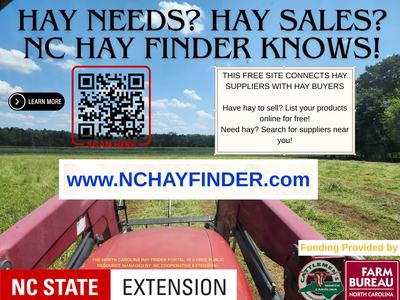 Field with tractor front, QR code, text "HAY NEEDS? HAY SALES? NC HAY FINDER KNOWS!" and www.NCHAYFINDER.com