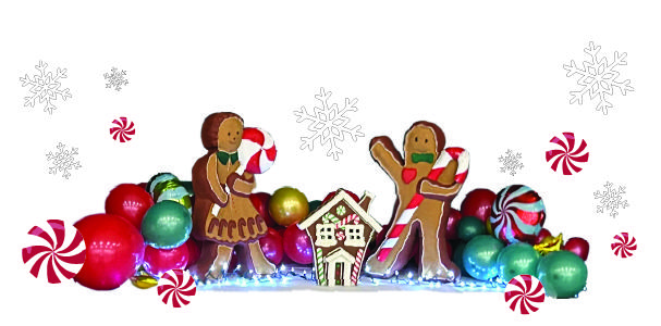 gingerbread boy and girl with candy and balloons