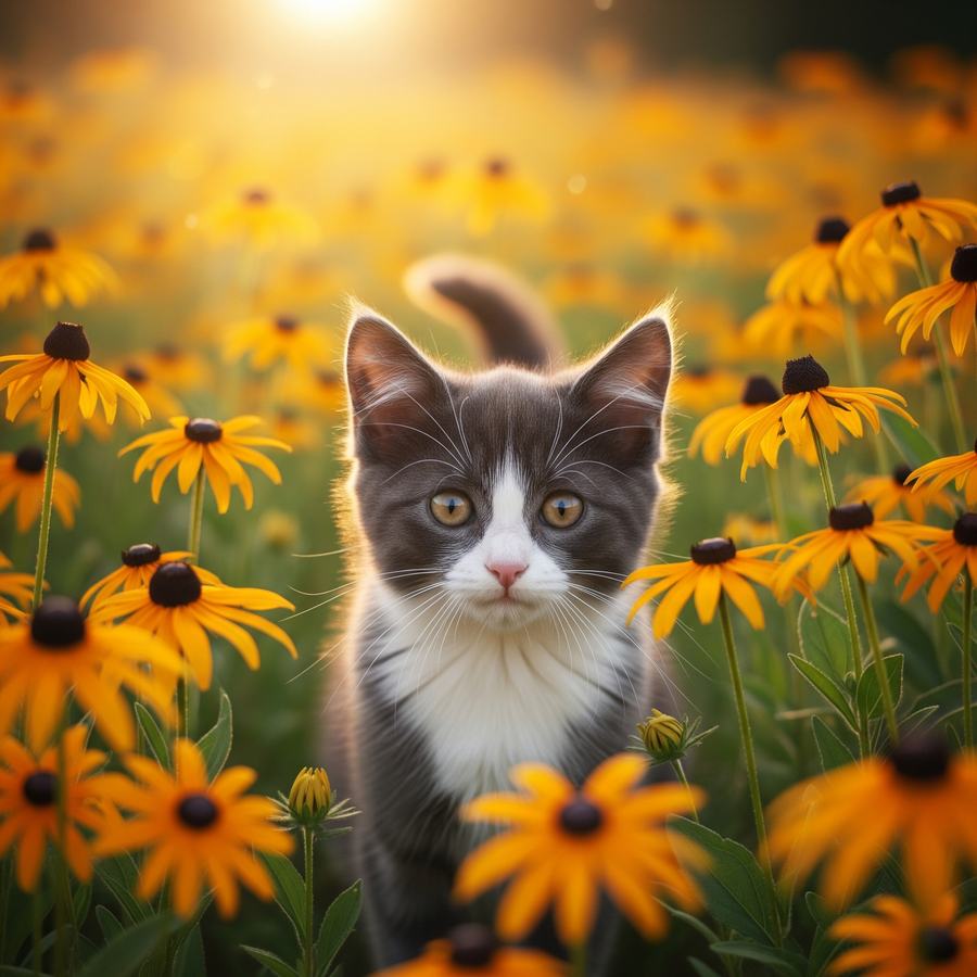 AI Generated Image of a cat in a field of brown-eyed susans
