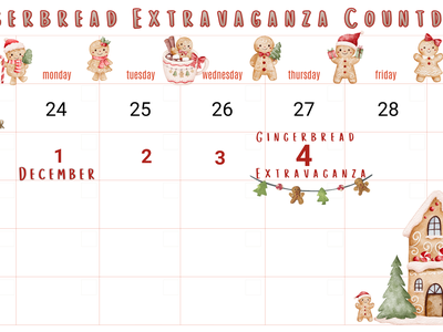 Gingerbread Extravaganza countdown calendar, December grid; "Gingerbread Extravaganza" labeled on Dec 4
