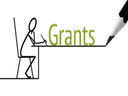 Stick figure seated at desk writing; pencil draws the word "Grants" in green.
