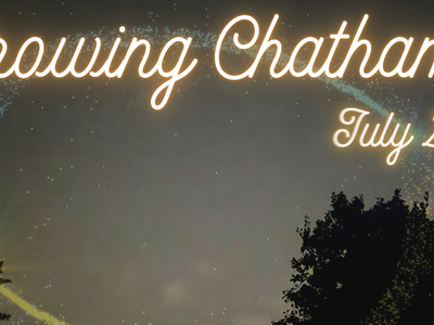 Night sky with silhouetted trees and particle arcs, text "Growing Chatham" and "July 2025"