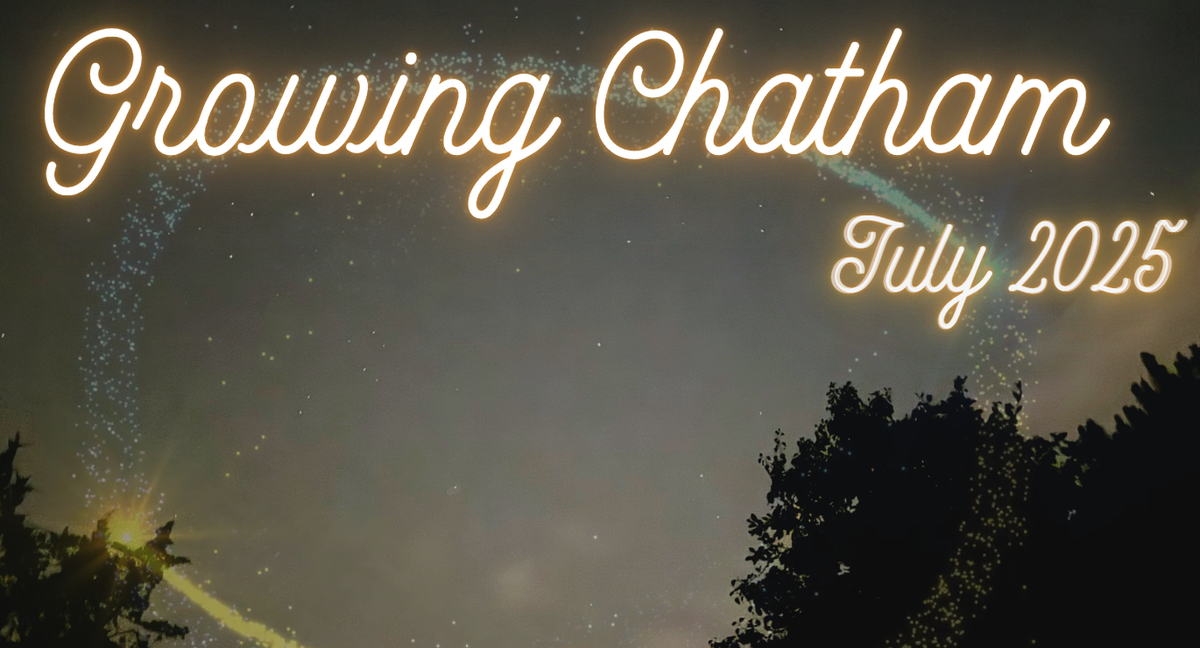 Night sky with silhouetted trees and particle arcs, text "Growing Chatham" and "July 2025"