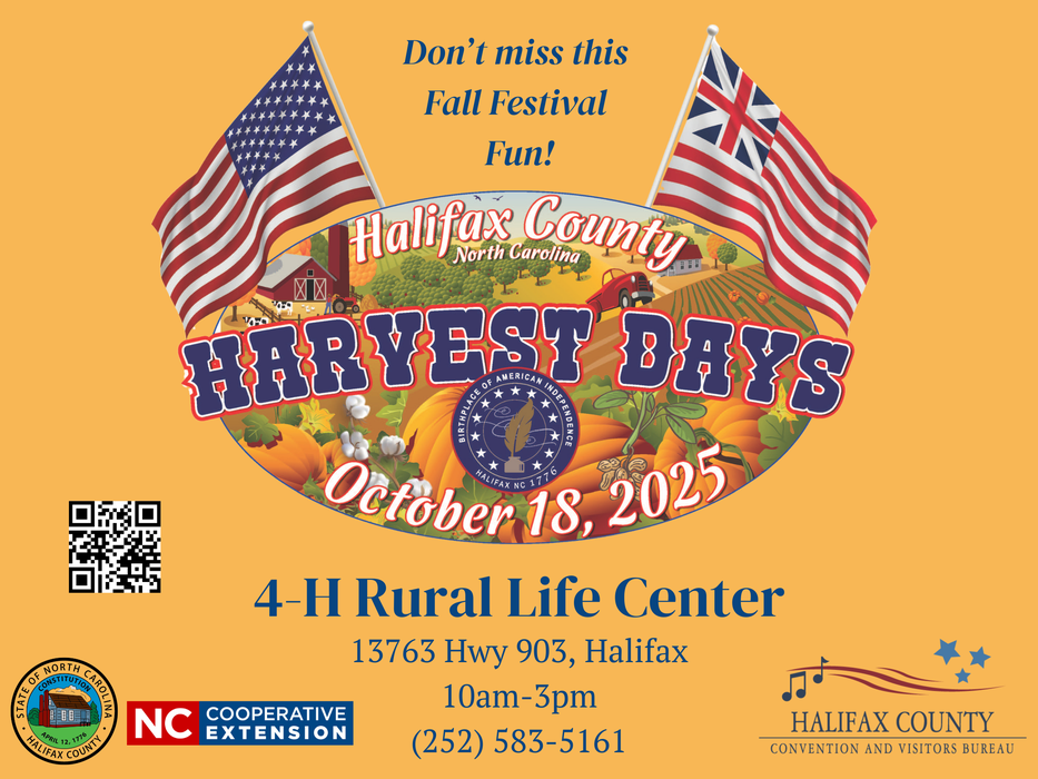 Halifax County Harvest Days event poster, October 18, 2025, 4-H Rural Life Center