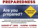 Flyer for the Hurricane Preparedness program that highlights the program info and features an image of a storm.