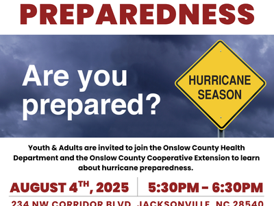 Flyer for the Hurricane Preparedness program that highlights the program info and features an image of a storm.