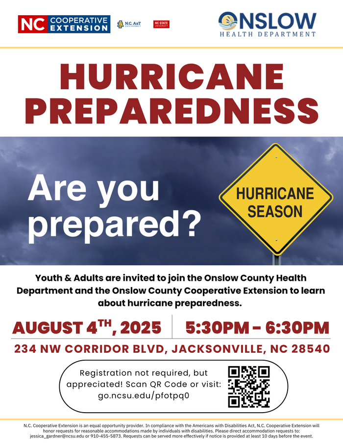 Flyer for the Hurricane Preparedness program that highlights the program info and features an image of a storm.
