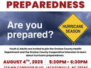 Flyer for the Hurricane Preparedness program that highlights the program info and features an image of a storm.