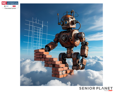Robot stacking brick stair in clouds; text: SENIOR PLANET from AARP and NC Cooperative Extension