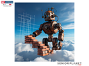 Robot stacking brick stair in clouds; text: SENIOR PLANET from AARP and NC Cooperative Extension