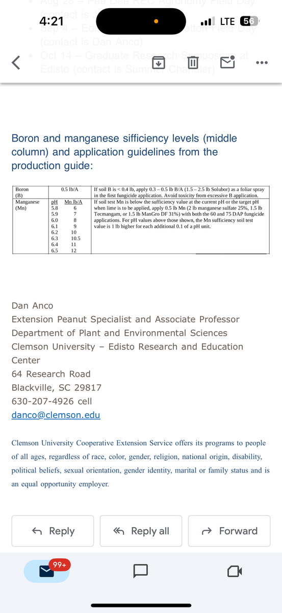 Boron and Manganese sifficiency levels and application guidelines from the production guide.