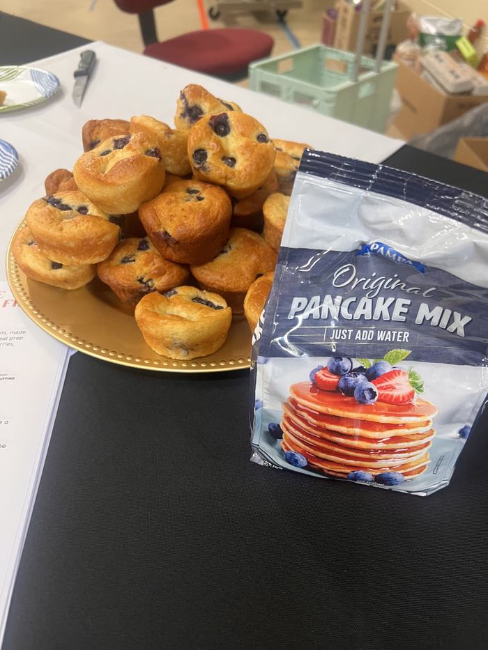 Healthy blueberry muffins using pancake mix.