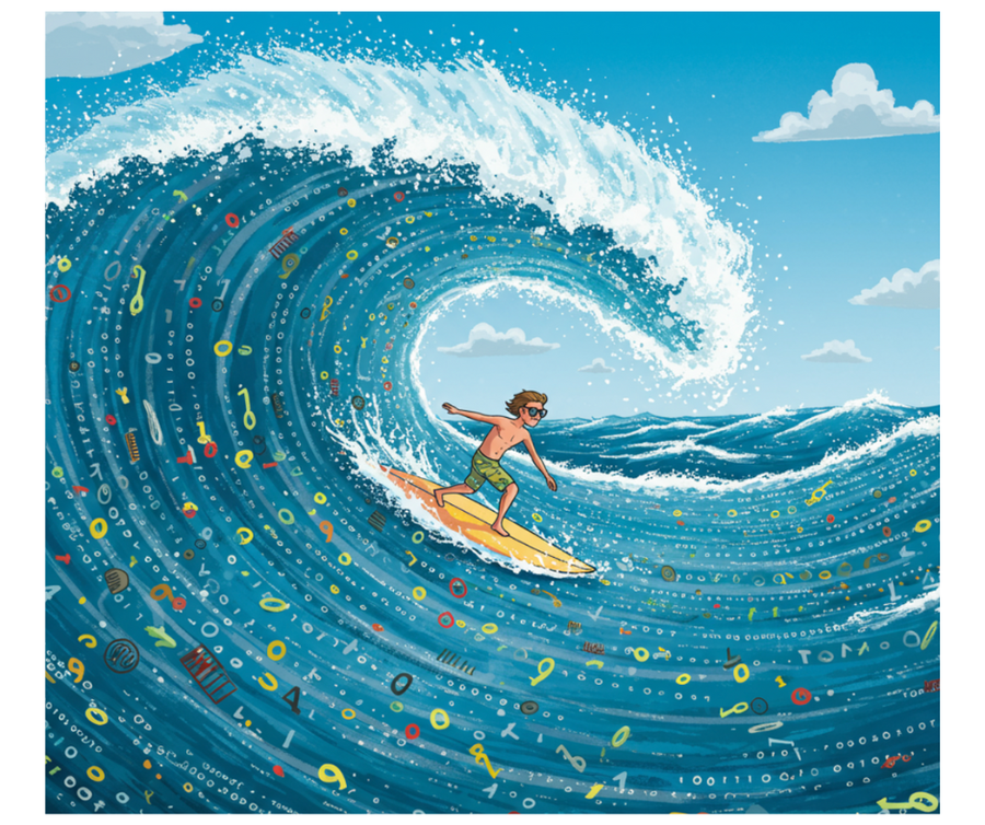 Surfer dude is in the barrel of a wave of information. Skies are clear above the ocean of binary brine. An image created with Gemini.