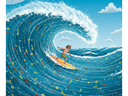 Boy surfing on a large ocean wave made of numbers, letters, and symbols