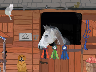 Horse poking head from stall door with three ribbons; dog sitting in front; cat on roof.