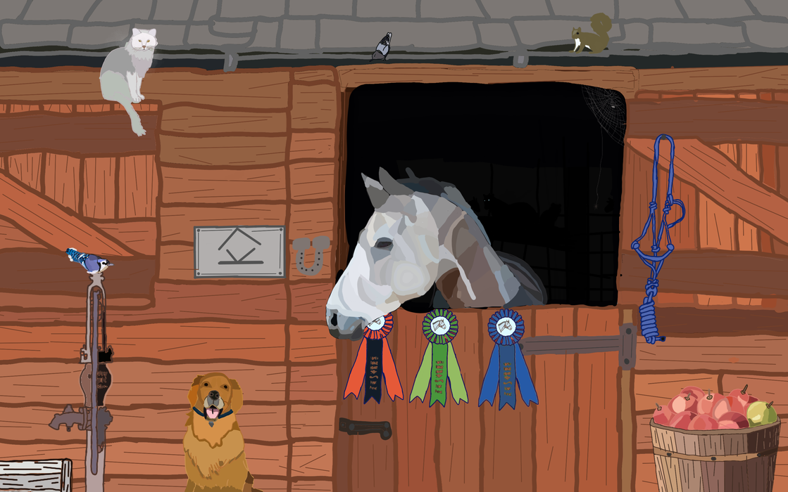 Horse poking head from stall door with three ribbons; dog sitting in front; cat on roof.
