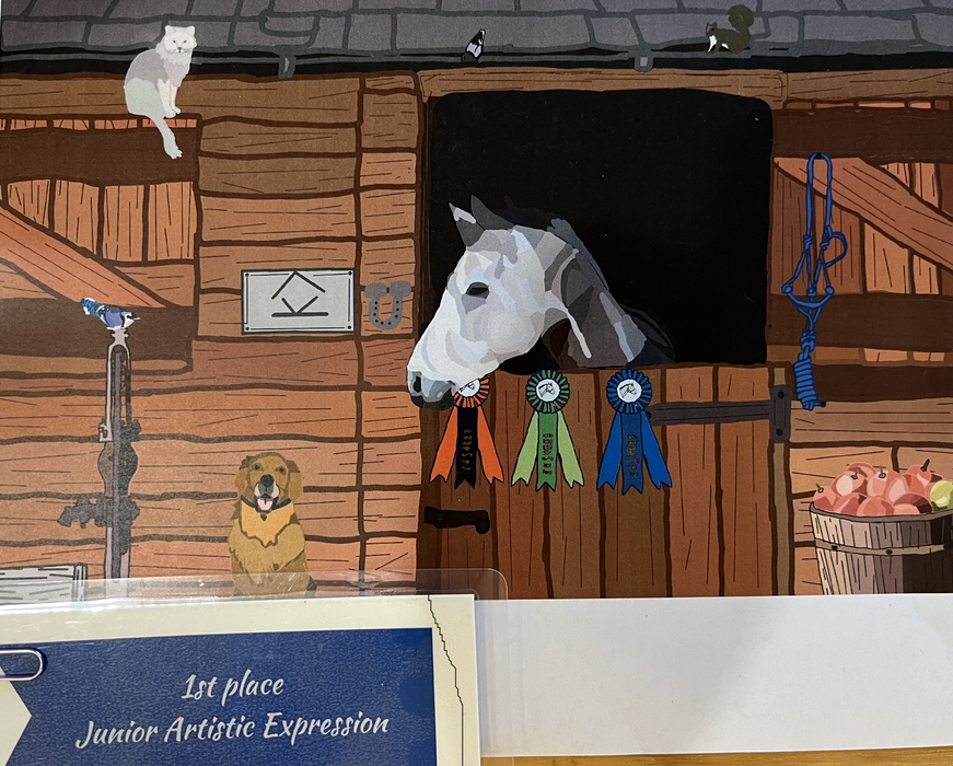 Horse peeking from stable with ribbons, dog and apples; text "1st place Junior Artistic Expression"