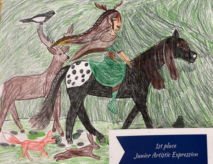 Antlered rider in green on spotted black horse with deer, fox, rabbit; ribbon reads "1st place"