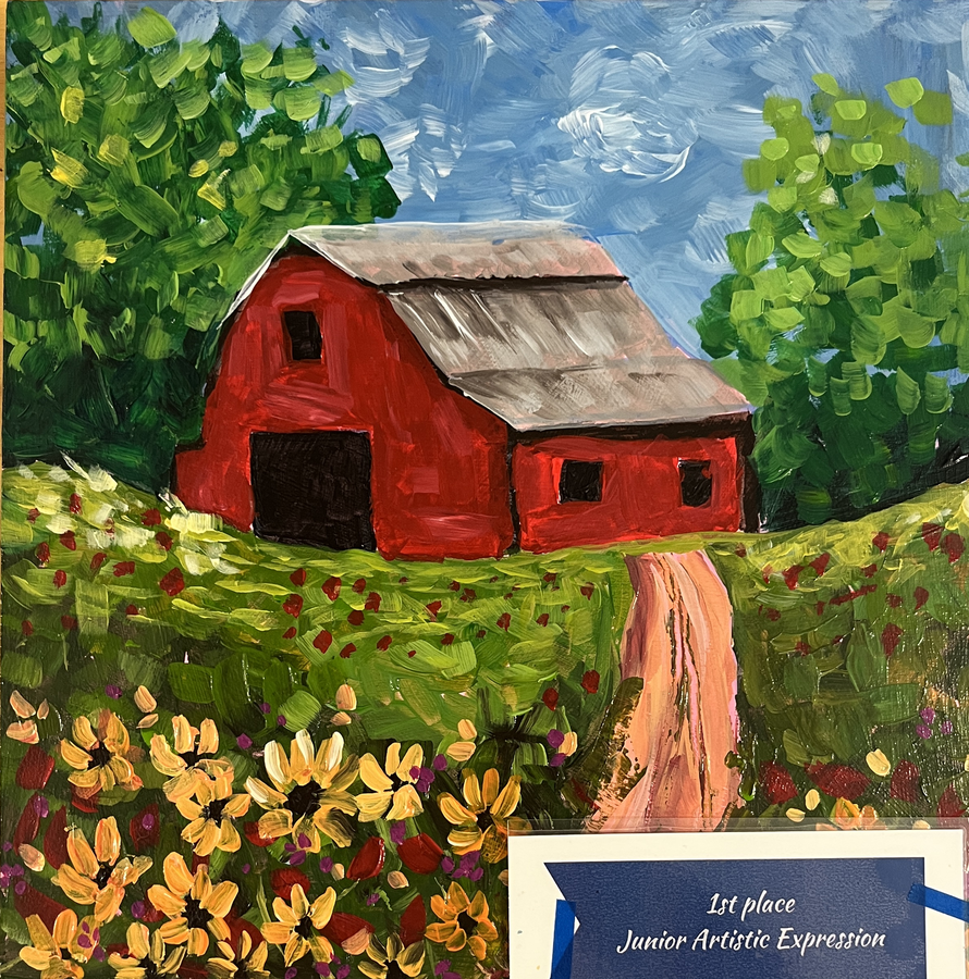 Red barn in a flowered field with a dirt path; ribbon reads "1st place Junior Artistic Expression"
