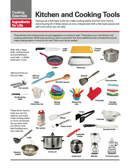 Flyer displaying basic kitchen and cooking tools