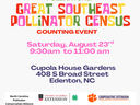 Flyer for the Great Southeast Pollinator Census counting event, held Saturday, August 23rd from 9:30am to 11:00am at Cupola House Gardens, 408 S Broad Street, Edenton, NC, with logos from various cooperative extension and pollinator conservation organizat
