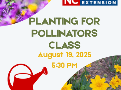 Planting for Pollinators Class flyer feature coreopsis, the Master Gardener watering can and the Cooperative Extension logo. 