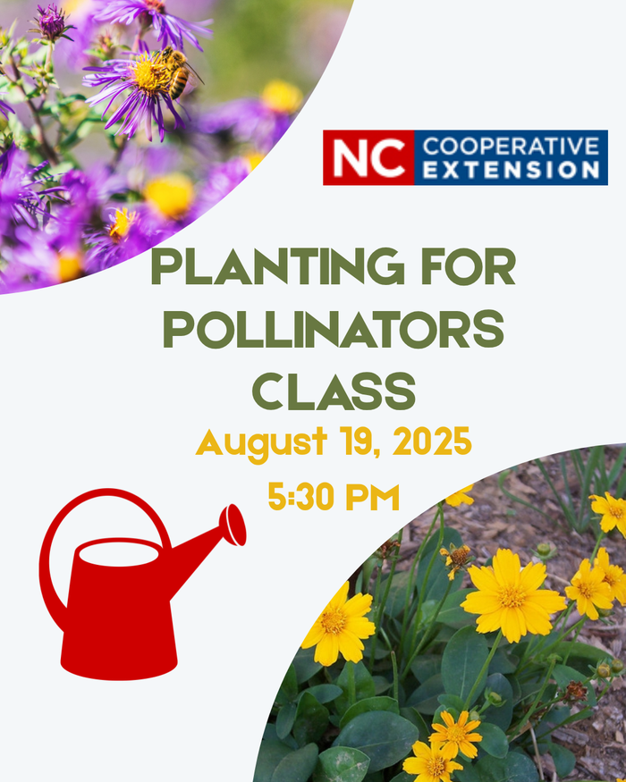Planting for Pollinators Class flyer feature coreopsis, the Master Gardener watering can and the Cooperative Extension logo. 