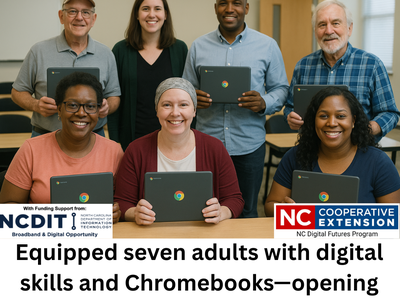 Seven adults holding Chromebooks in a classroom.