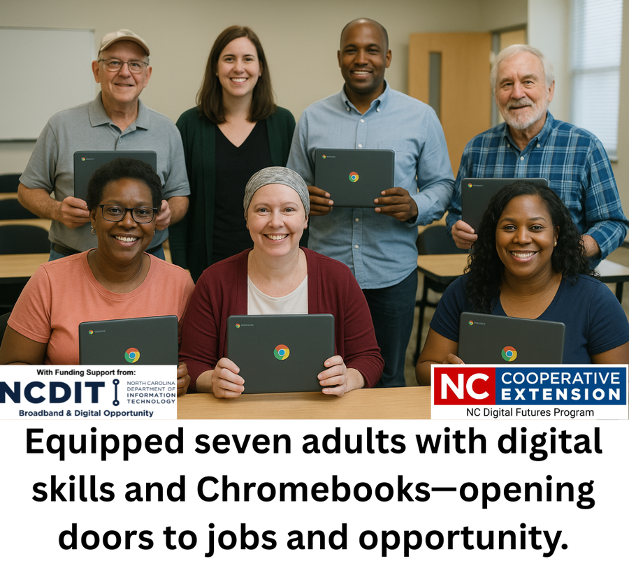 Seven adults holding Chromebooks in a classroom.