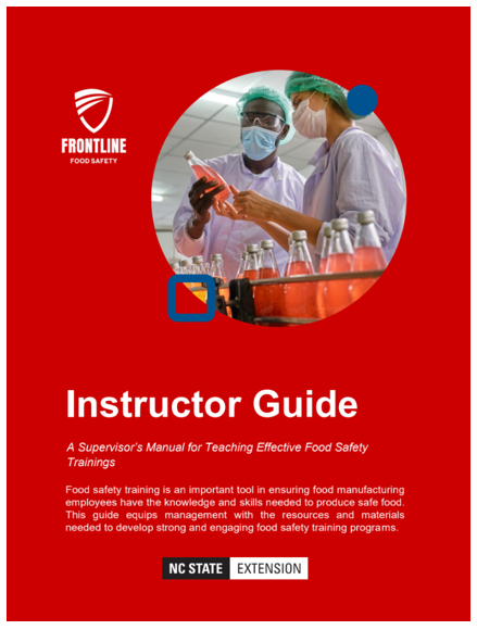 Image of cover of Instructor Guide for Frontline Food Safety Training - bright red with two people inspecting a bottled beverage