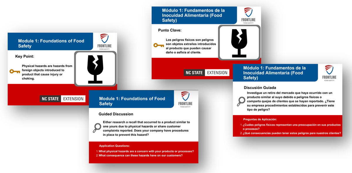 Images of Spanish and English Huddle cards for Frontline Food Safety Education Program