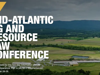 Mid-Atlantic Ag and Resource Law Conference title over aerial farmland; Oct 28-29