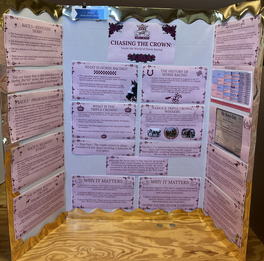Tri-fold display board titled "CHASING THE CROWN: Inside the World of Horse Racing" with info panels