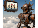 Steampunk robot above clouds viewing a screen showing three women jogging on a boardwalk